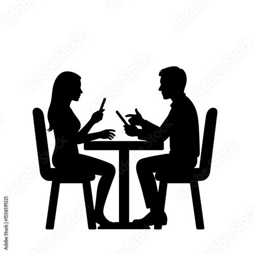 Man and woman interacting at table using phones in cafe - Concept of Things to do in airport  