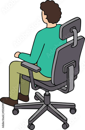 Man sitting on ergonomic office chair with green shirt and brown shoes vector illustration