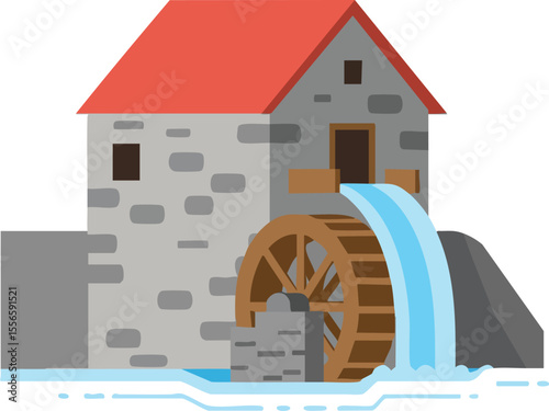 Watermill building with red roof and flowing water wheel vector illustration design