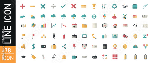Flat design vector icon set for web, mobile, business, and internet applications including numbers, alphabet, arrows, and user interface symbols