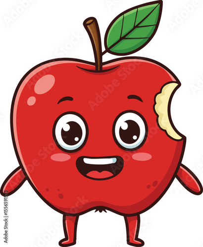 Red apple cartoon character with leaf and bite happy smiling fruit vector design illustration