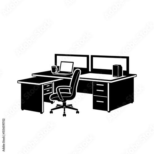 Partitioned work desk with chair and monitors in minimal style - Concept of Things to do in airport  