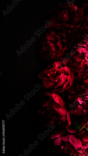 Red peonies on black background. Bold contrast and elegant floral detail. Perfect for modern decor and fine art.