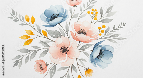 Watercolor painting of peach, blue flowers and gray-yellow leaves on white background, showcasing delicate floral arrangement, ideal for wedding invitations or feminine designs