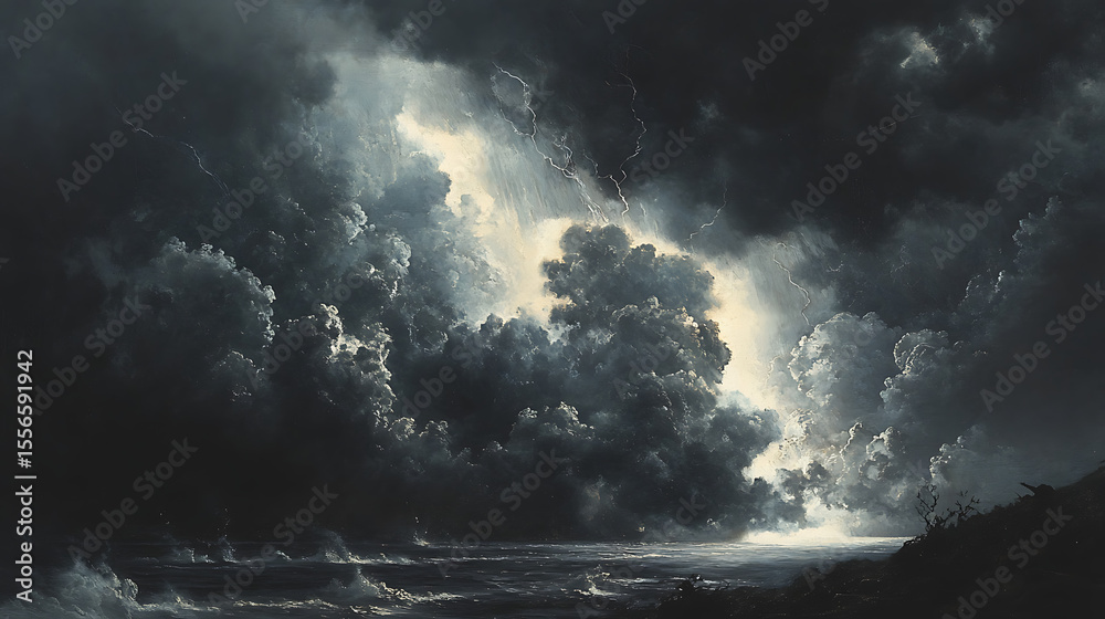 Obraz premium Thunder cracks through the sky with lightning and clouds 