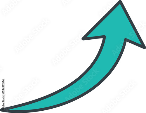 Upward curved arrow symbol vector for growth progress and improvement in teal color with black outline