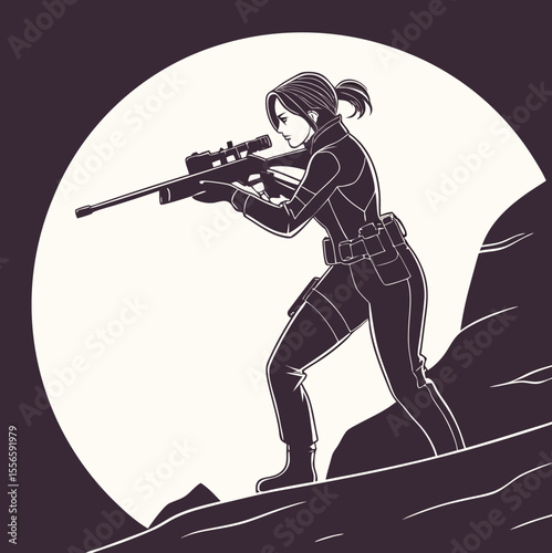 Female Sniper Aiming Rifle in Moonlit Scene Vector
