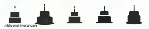 Simple Birthday Cake Silhouettes – Black Vector Icons with Candle