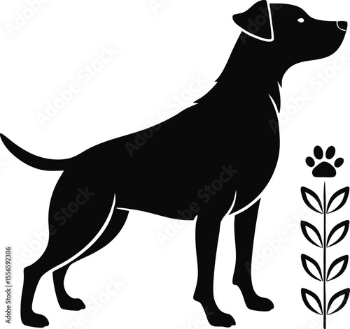 Dog Silhouette with Paw Print and Leaves Vector