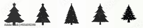 Realistic Christmas Tree Icons with Star – Festive Holiday Silhouette Pack