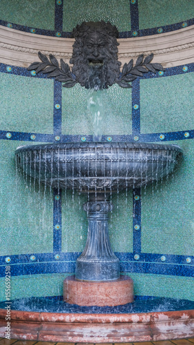 Photography Decorative stone fountain with a lion-faced spout pouring water into a tiled basin, set against a mosaic wall in Budapest