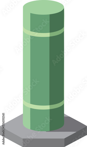 Green cylindrical pillar with gray hexagonal base isometric vector design for construction or architecture elements