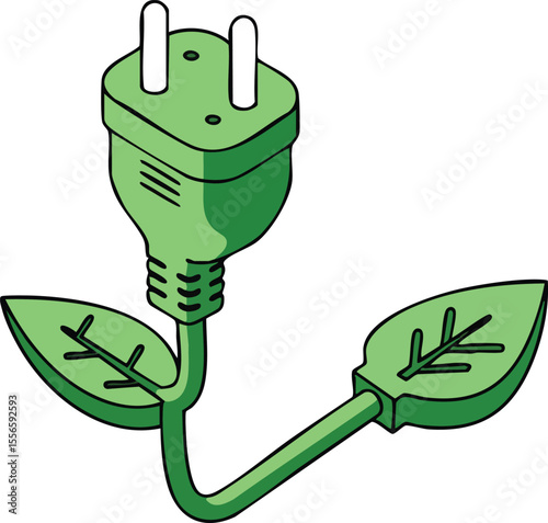 Green electric plug with leaves symbolizing eco friendly energy and environmental sustainability vector illustration