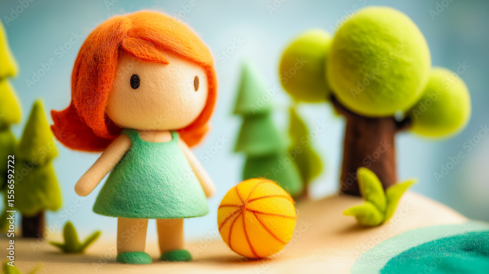 Obraz premium Felted 3D illustration of doll with orange hair playing vibrant basketball on a playful landscape with green trees and a serene blue pond. For children books or baby showers or birthday.