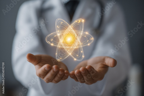 Doctor presenting a glowing atom symbol in open hands
