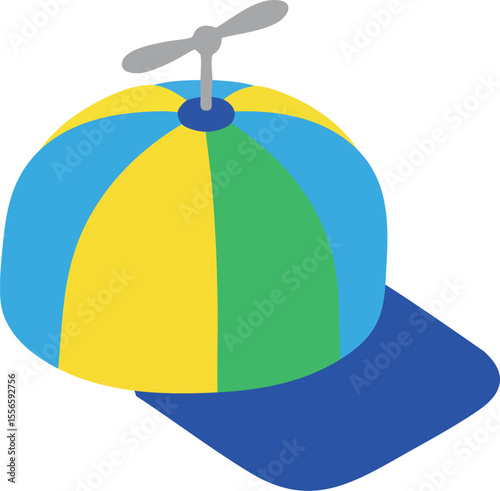 Colorful propeller hat with yellow blue green panels and shadow vector design for children and playful fashion