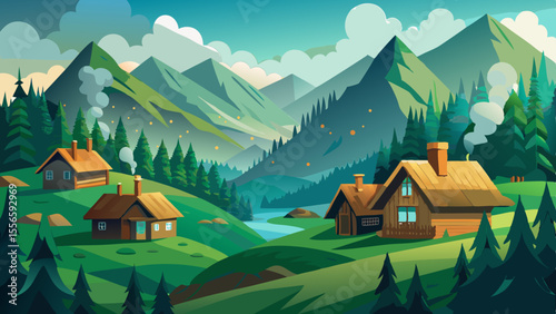 Rolling green hills and dense forests fade into the fog. Wooden cottages with thin smoke rising from chimneys give warmth to the mountain solitude.