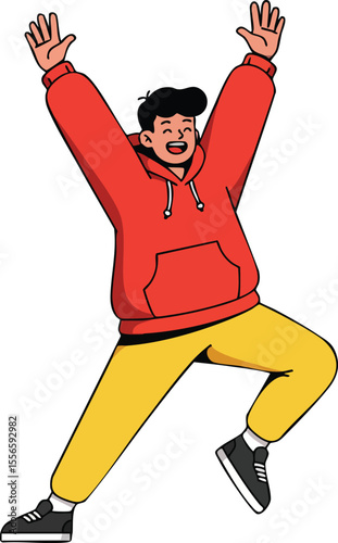 Young man jumping with joy wearing red hoodie and yellow pants expressing happiness and excitement vector illustration
