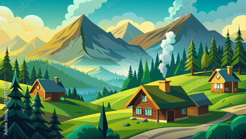 Rolling green hills and dense forests fade into the fog. Wooden cottages with thin smoke rising from chimneys give warmth to the mountain solitude.