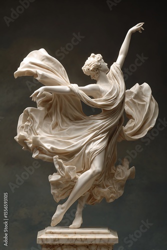 Elegant Marble Dancing Woman Sculpture with Flowing Dress in Dynamic Pose on Pedestal