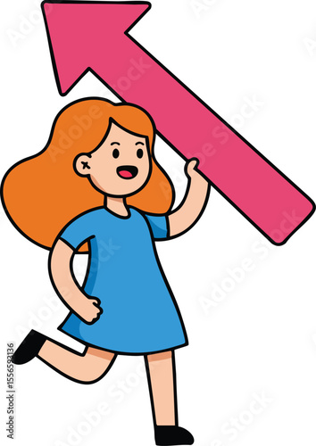 Girl running with big pink arrow pointing up symbolizing progress and growth in vector illustration style