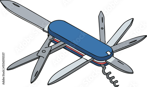 Multipurpose blue Swiss army knife with multiple blades and tools for outdoor and everyday use vector illustration