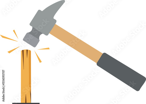 Hammer hitting wooden nail with sparks simple flat vector design for construction and carpentry tools illustration