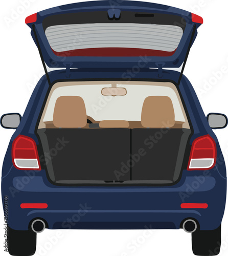 Blue hatchback car with open trunk showing interior and beige seats vector illustration