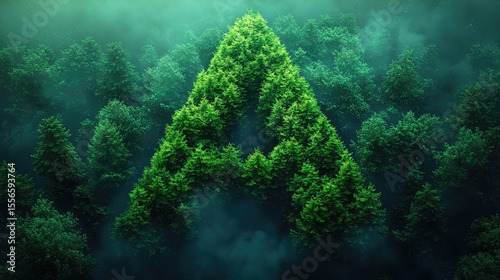 Lush green trees form a letter in a misty forest.