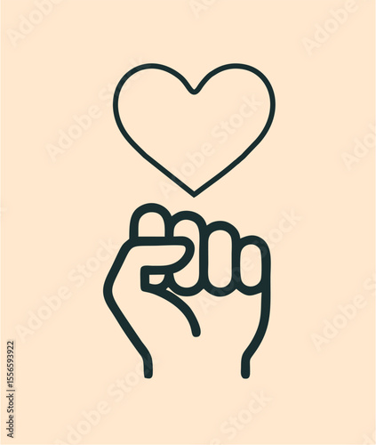 Clenched Fist with Heart Icon – Strength, Solidarity, and Love Symbol, Minimal line art of a clenched fist beneath a heart symbolizing unity, inner strength, and compassion.