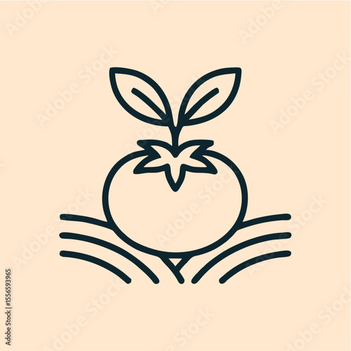 Tomato Plant Icon – Organic Farming and Healthy Food Concept, Minimal line art of a tomato with soil lines representing natural farming, growth, and healthy living.