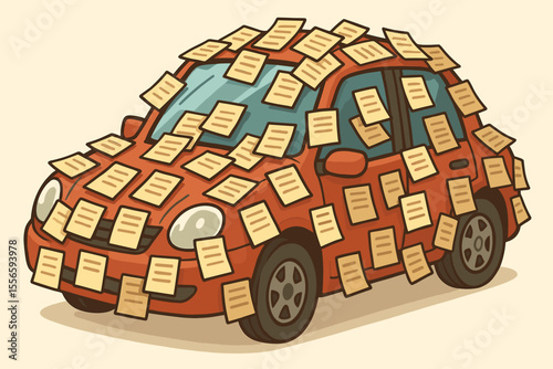 Automobile covered in numerous parking and traffic violation tickets. Vector cartoon illustration of a car overwhelmed by penalty fines. Concept of illegal parking and debt.