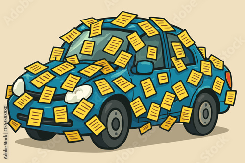 A blue car completely covered in a multitude of yellow parking and traffic violation tickets. Metaphor for numerous fines, penalties, debt, and bureaucracy. Vector cartoon illustration.
