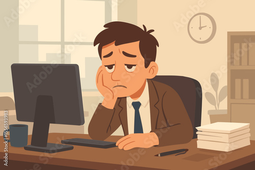 Bored male employee lacking motivation at his office desk. Unhappy man procrastinating. Concept of professional burnout, stress, fatigue, and job dissatisfaction. Vector illustration.