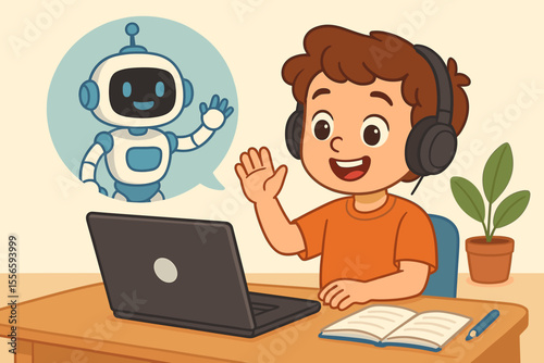 Young boy at desk with laptop learning online. Student in headphones on video call with AI robot tutor. Concept for e-learning, remote education, future technology, homeschooling.