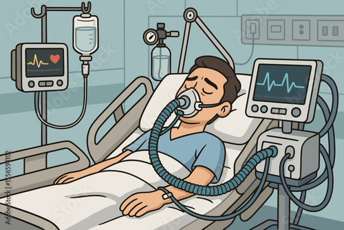 Critical patient on ventilator in ICU receiving life support. Man in a coma in hospital bed with oxygen mask. Medical healthcare concept of intensive care, respiratory illness and treatment.
