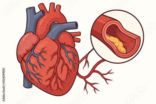 Atherosclerosis medical vector illustration. Human heart with coronary artery disease. Close up of a blocked artery showing cholesterol plaque buildup and narrowing of the vessel.