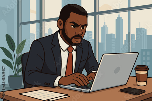 Determined Black businessman working intensely on a laptop in a modern city office. Vector cartoon concept of a focused professional under pressure, stress, and concentration.