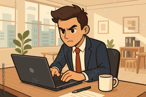 Determined businessman working on laptop in modern office. Focused young professional concentrating on computer. Concept of work stress, deadline pressure, and corporate challenges.