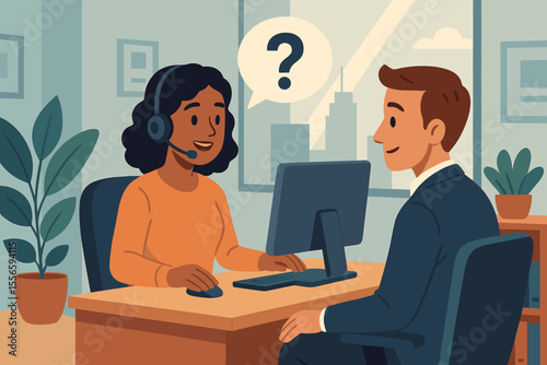 Customer support agent helping a client. Female operator with headset consulting a man with a question. Helpdesk, call center, FAQ, and business service concept cartoon vector.