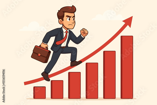 Determined businessman climbing a growth chart. Business success and career progress concept. Ambitious manager with briefcase moving up. Financial improvement and market growth vector.