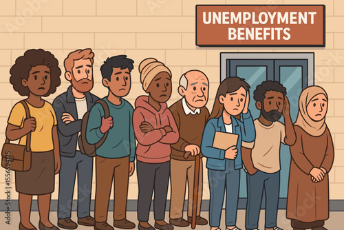 Diverse Group of People Waiting in Line for Government Unemployment Benefits. Sad Men and Women Seeking Financial Aid, Job Loss, and Economic Hardship.