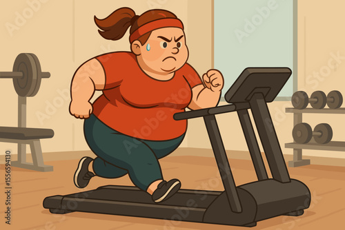 Determined overweight woman running on a treadmill in a gym. Concept of weight loss, fitness goals, and fighting obesity. Plus size character in cardio workout for healthy lifestyle.