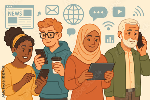 Multiethnic and multi-generational people using modern gadgets. Diverse group on smartphones and tablets reading news, networking online. Digital communication concept vector illustration.