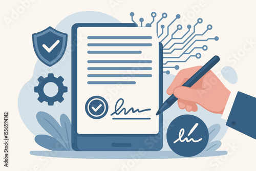 Electronic signature and smart contract technology concept. Hand signing a secure digital document on a tablet. Online agreement, data protection, and validation with checkmark.