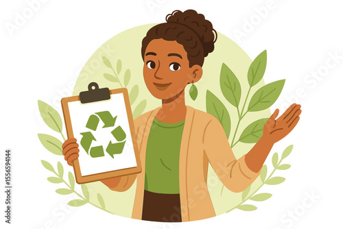 Eco-conscious black woman promoting sustainability and environmental awareness. Ecologist holding clipboard with recycling symbol. Green lifestyle advocate. Vector cartoon illustration.