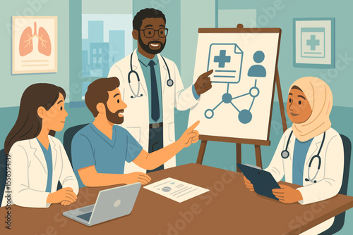 Diverse medical team collaborating on patient care strategy in hospital. Doctors and nurses in a meeting discussing treatment plan. Healthcare teamwork vector cartoon illustration.