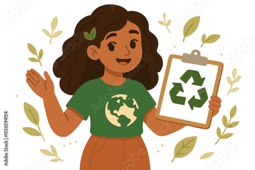 Eco-conscious woman promoting recycling and sustainability. Environmental activist holding a clipboard with a recycle symbol. Planet earth care concept for Earth Day. Vector cartoon illustration.