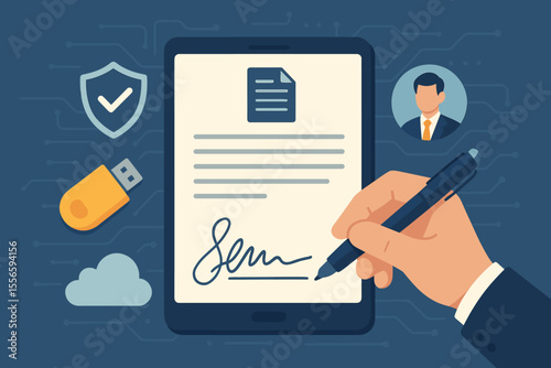 Electronic signature on a smart contract. Businessman hand signing a digital document on a tablet. E-signature technology, secure online agreement and business deal concept.