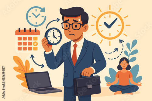 Work-life balance concept. Stressed, overworked businessman under pressure from deadlines. Time management, productivity, and anxiety vs mindfulness, meditation, and well-being.